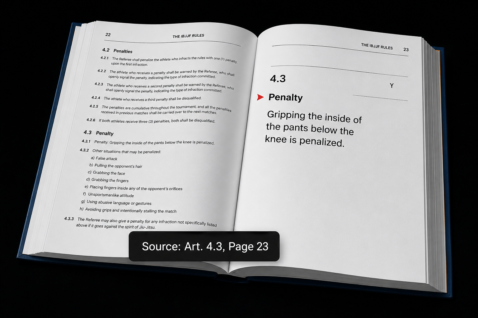 Open IBJJF rulebook showing rule 4.3 Penalty, Source Art. 4.3, Page 23